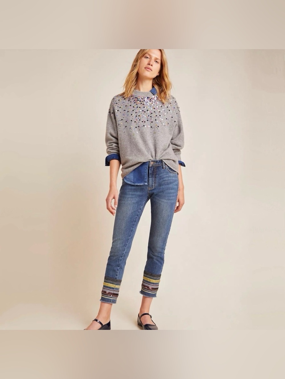 Pilcro & Letterpress Cropped Jeans Multicolor Embroidered Cuffs size 31P